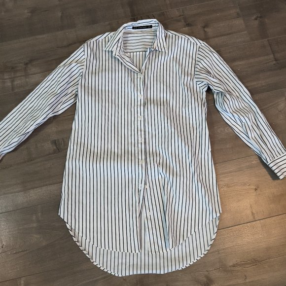 Zara Long Oversized Striped Button Down Blouse - Picture 7 of 8